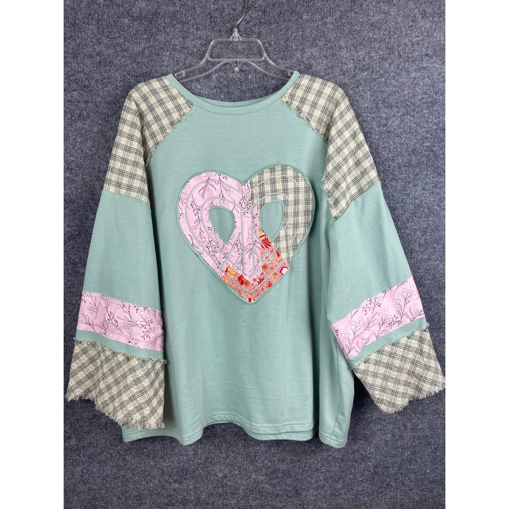 Patchwork Heart Top Women's 2XL Green Excellent Peace Sign Boho Plaid - Picture 3 of 10